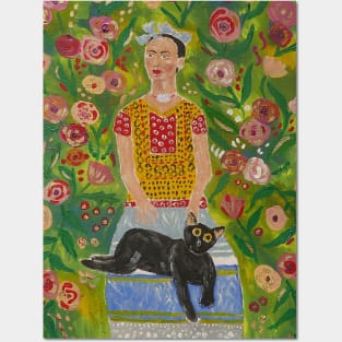 Frida Kahlo and Her Black Cat among Roses Posters and Art